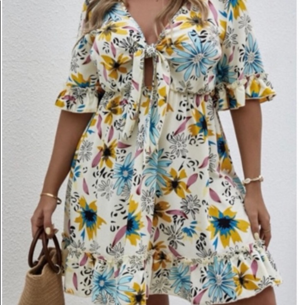 Shrink Curve Sexy Floral, Tie Front, Ruffles Around Sleeves and Hem, Mini Dress - Picture 2 of 15